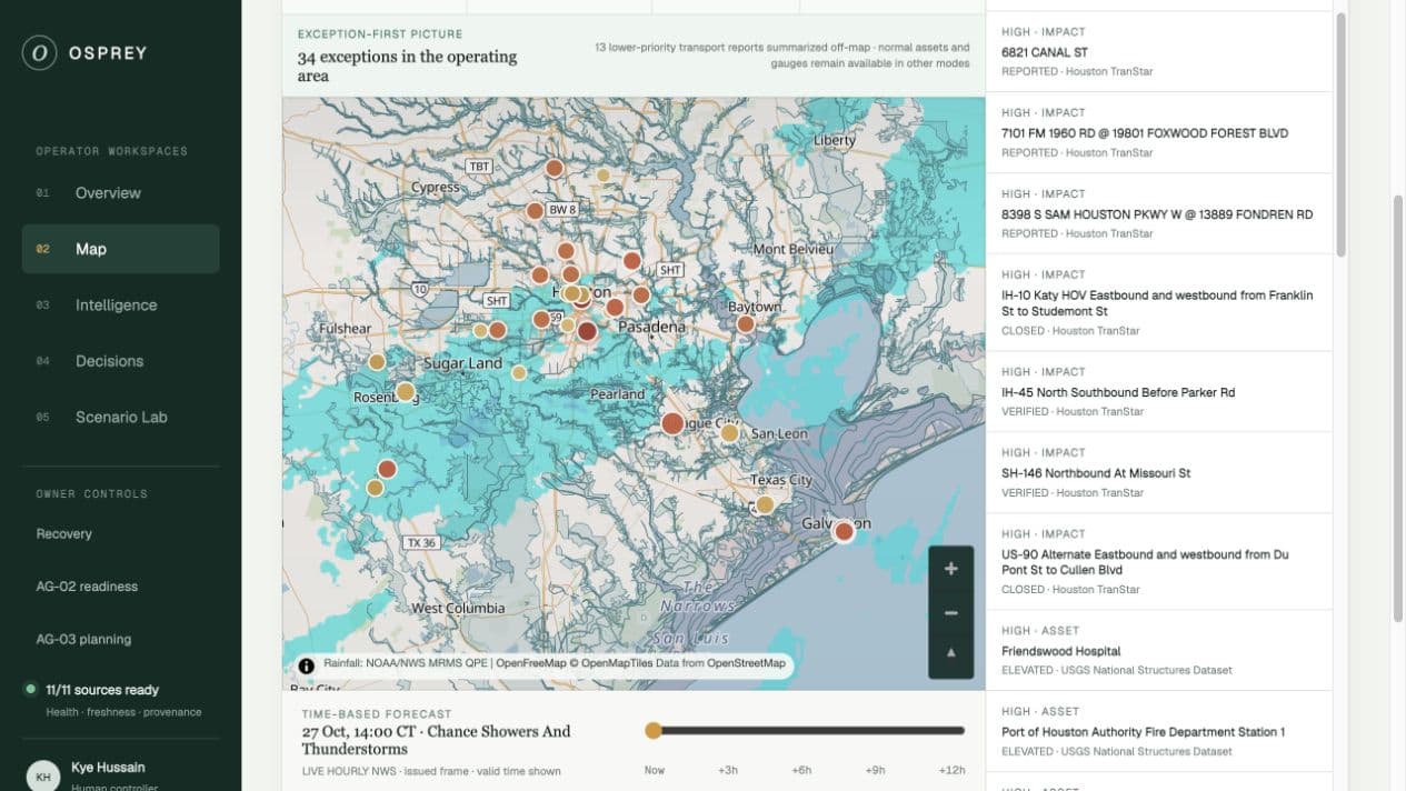 Osprey’s map workspace showing Houston–Galveston, incident markers, rainfall overlays and a source-labelled list of impacts and infrastructure.