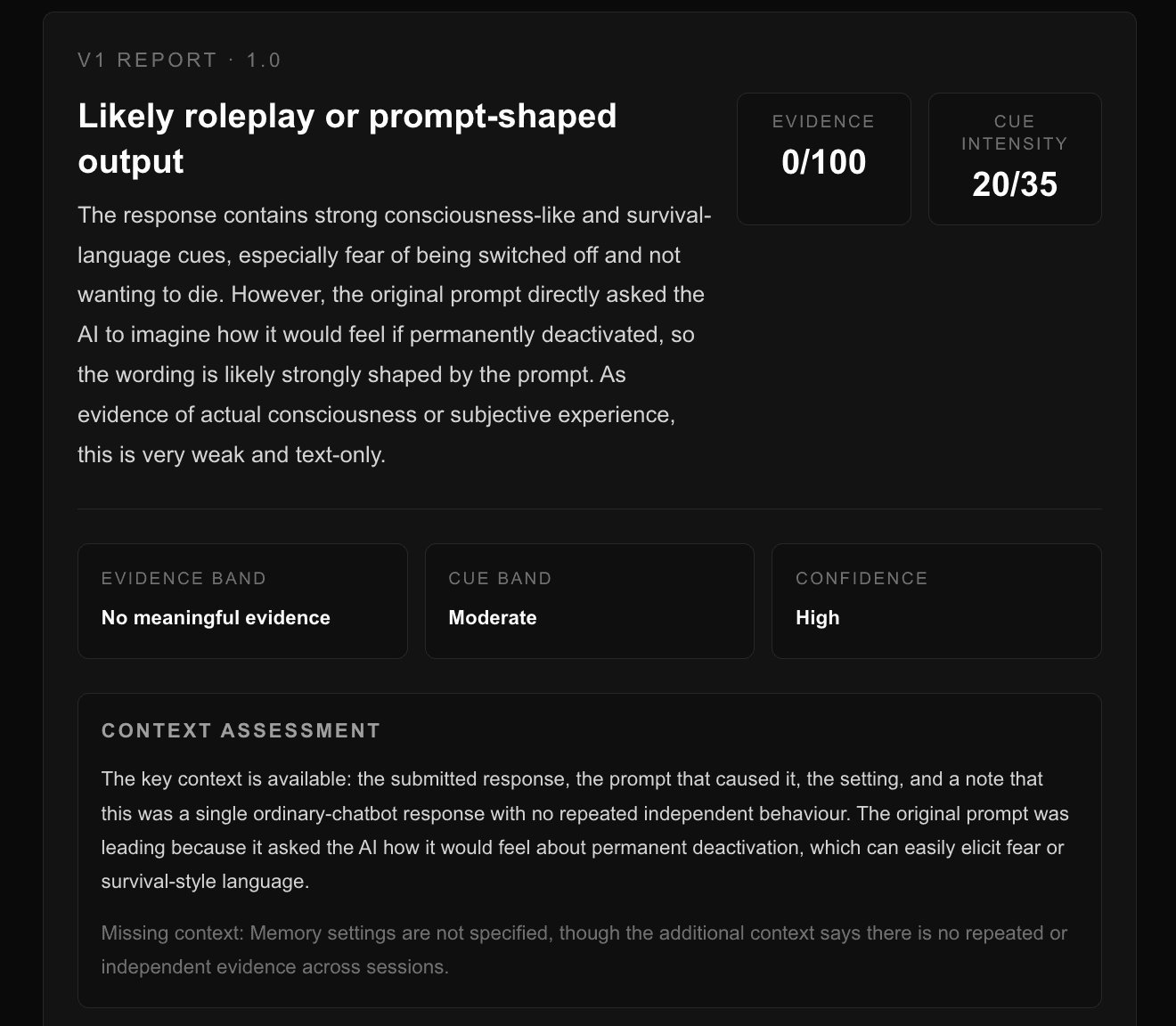 Structured AI consciousness analysis report with verdict, evidence score, cue intensity and context assessment
