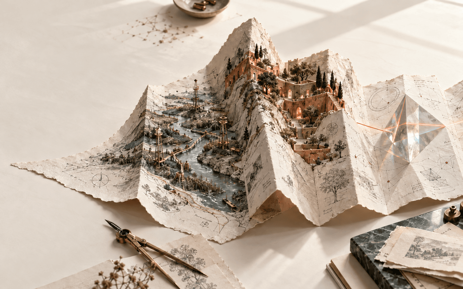 A folded paper atlas with a miniature river landscape, a warm courtyard and a glass prism.
